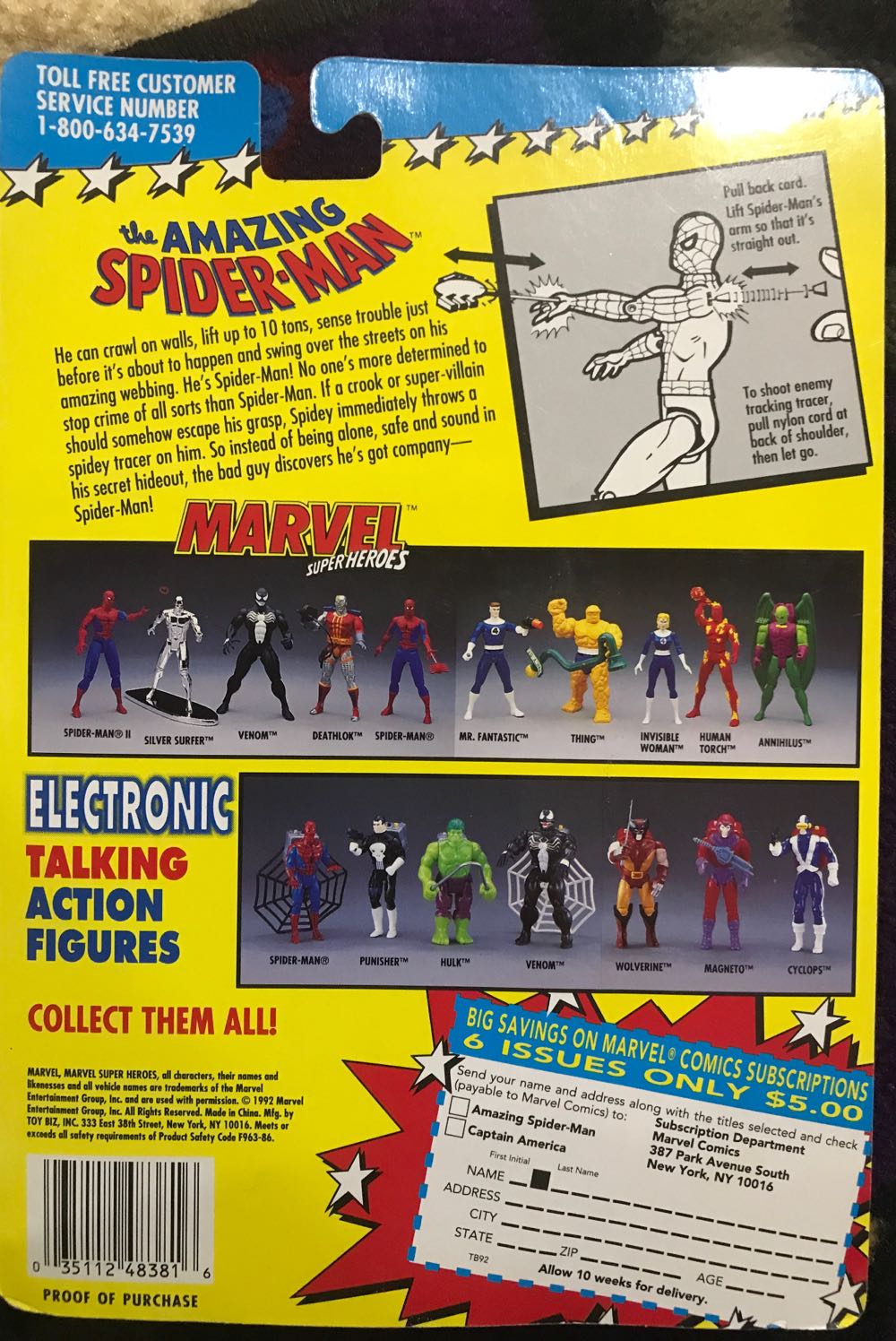Marvel Super Heroes Spiderman Action Figure W/enemy Tracking Tracer- Toy Biz 1992 - Toybiz (Marvel Super Heroes 1992) action figure collectible [Barcode 035112483816] - Main Image 2