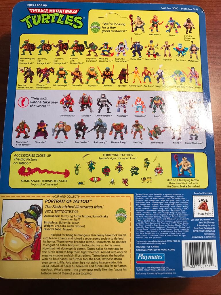 Tattoo (W/ Tattoo On Belly) - Playmates (Teenage Mutant Ninja Turtles (1991)) action figure collectible [Barcode 043377051312] - Main Image 2