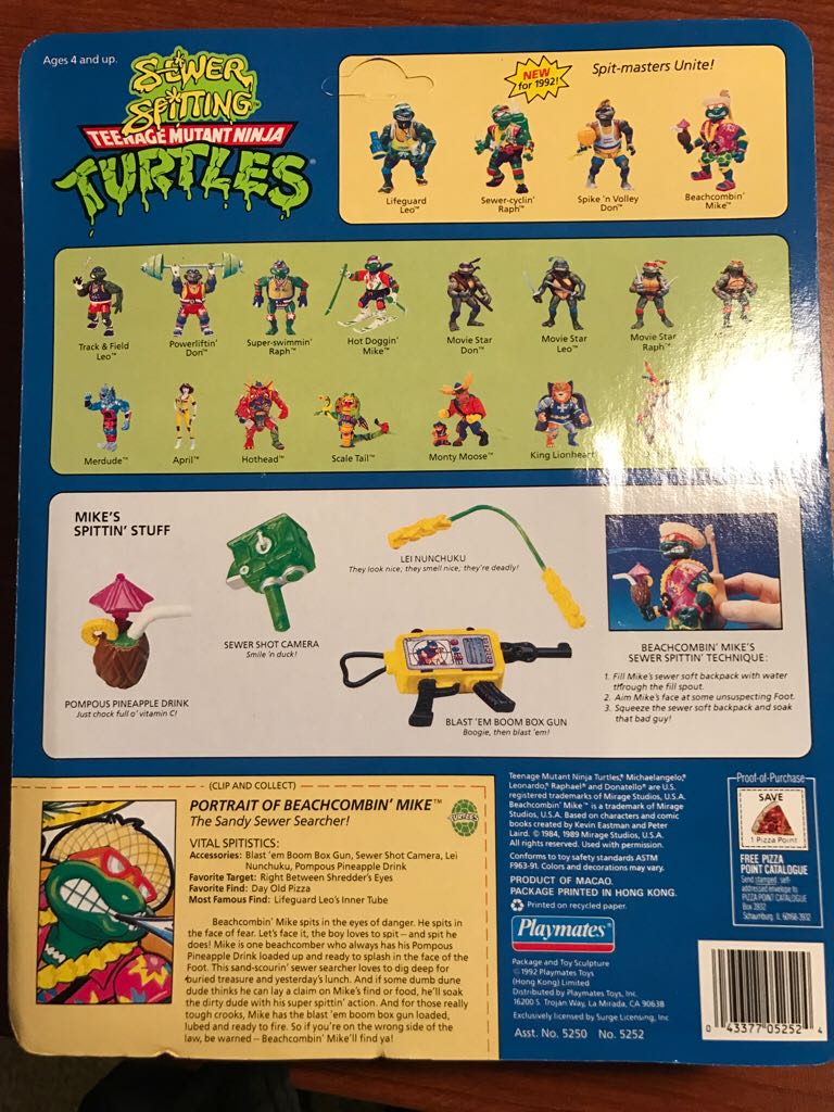 TMNT Beachcombin Mike 1992 - Playmates (Tmnt Sewer Spitting) action figure collectible [Barcode 043377052524] - Main Image 2