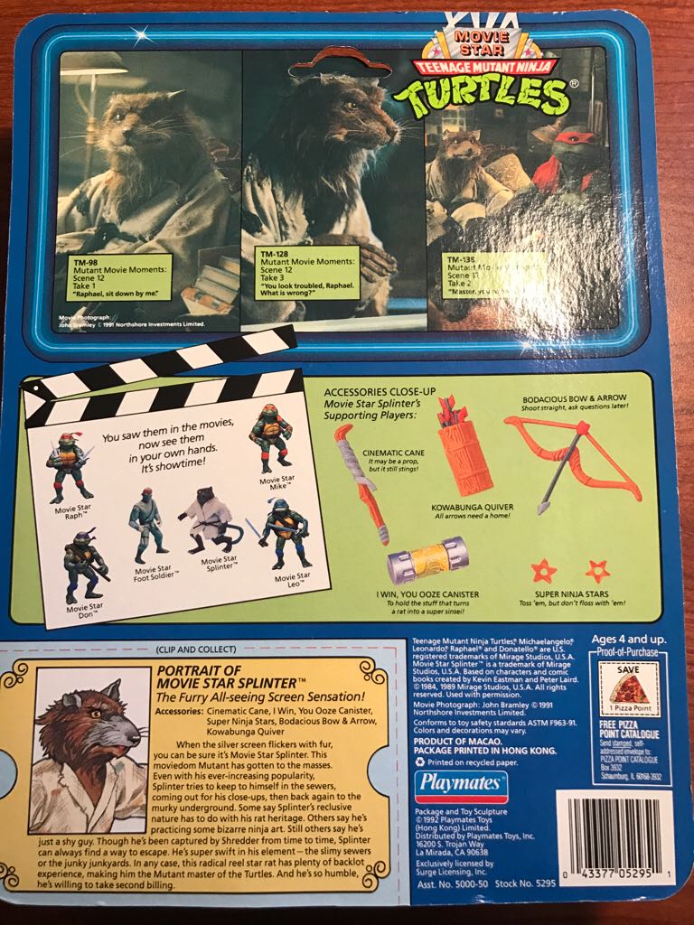 Movie Star Splinter(With Checklist) - Playmates Toys (Teenage Mutant Ninja Turtles (1991)) action figure collectible [Barcode 043377052951] - Main Image 2