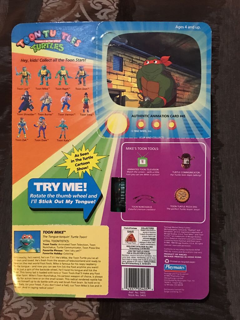 Toon Mike (No Checklist) - Playmates Toys (Teenage Mutant Ninja Turtles (1993)) action figure collectible [Barcode 043377054054] - Main Image 2