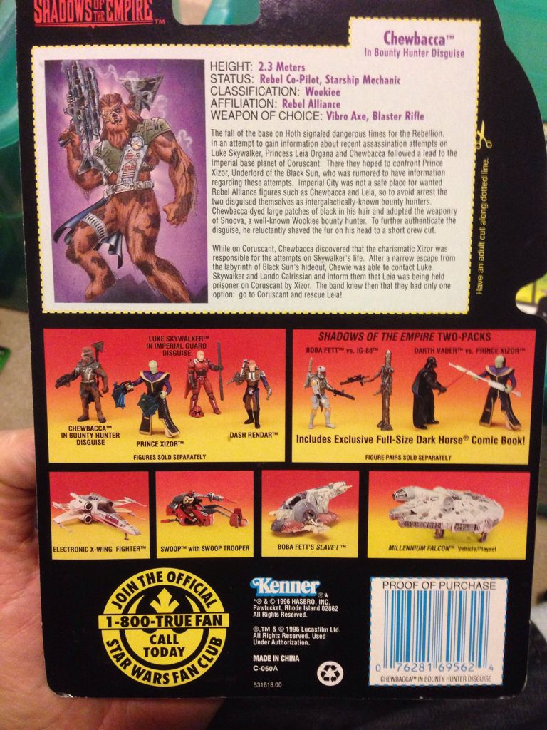 Chewbacca in Bounty Hunter Disguise with Vibro Ace and Heavy Blaster Rifle - Kenner/ Hasbro (Shadows Of The Empire) action figure collectible [Barcode 076281695624] - Main Image 2