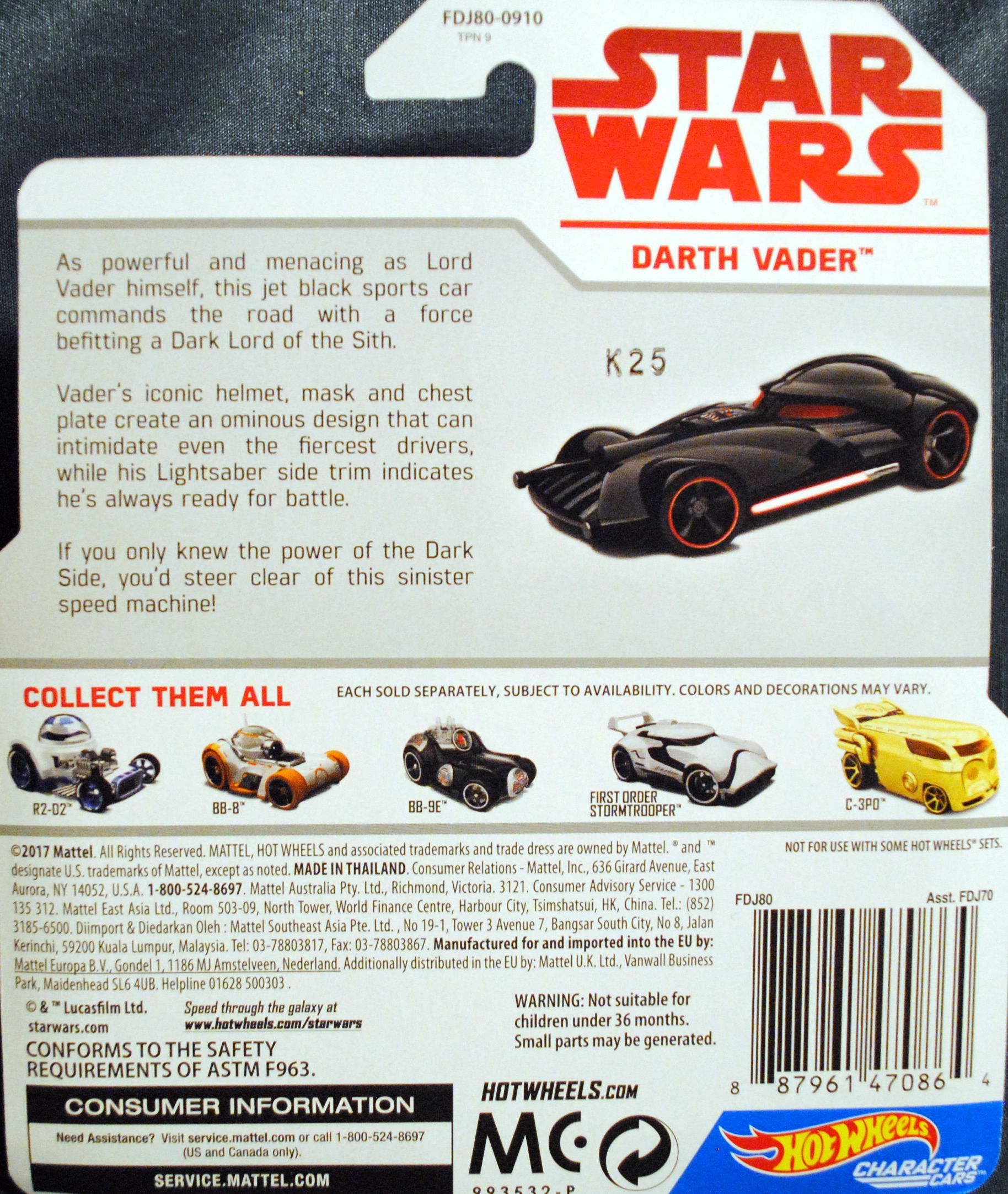 Hot Wheels Star Wars Character Darth Vader The Last Jedi - Hot Wheels by Mattel (Star Wars Hot Wheels) action figure collectible [Barcode 0887961470864] - Main Image 2