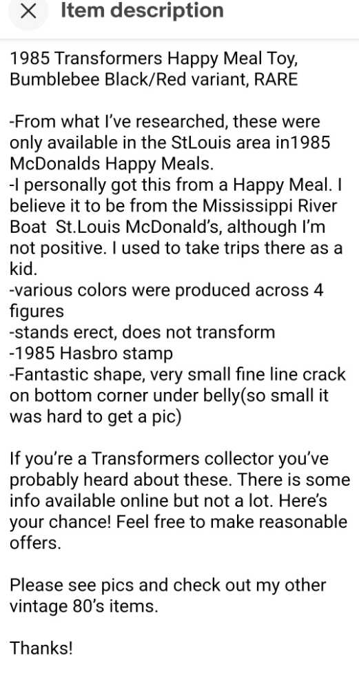 Bumblebee McDonald’s  - Hasbro (1984) action figure collectible - Main Image 3