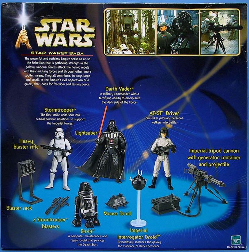 Stormtrooper w/ Blaster Rifle , Blaster Rack , 2 Storm Blasters , R14-I9 , Darth Vader w/ Lightsaber , Mouse Droid , Imperial Interrogator Droid , AT-ST Driver , & Imperial Tripod Cannon with Generator Container & Projectile - Star Wars (Imperial Forces) - Hasbro (Star Wars) action figure collectible [Barcode 076930267981] - Main Image 2