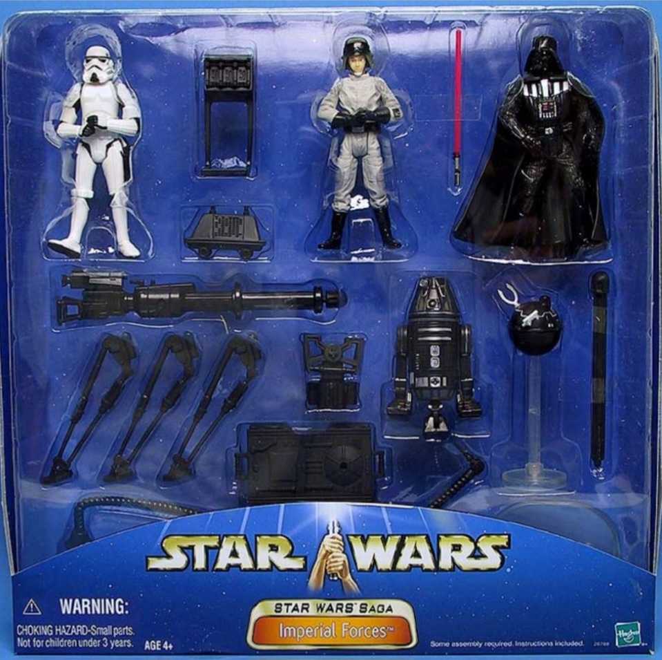 Stormtrooper w/ Blaster Rifle , Blaster Rack , 2 Storm Blasters , R14-I9 , Darth Vader w/ Lightsaber , Mouse Droid , Imperial Interrogator Droid , AT-ST Driver , & Imperial Tripod Cannon with Generator Container & Projectile - Star Wars (Imperial Forces) - Hasbro (Star Wars) action figure collectible [Barcode 076930267981] - Main Image 4
