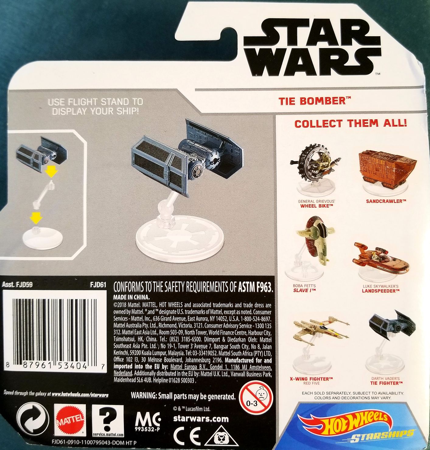 Hot Wheels Star Wars Vehicle Imerial Tie Bomber White Card - Hot Wheels from Mattel (Star Wars Hot Wheels) action figure collectible [Barcode 0887961534047] - Main Image 2