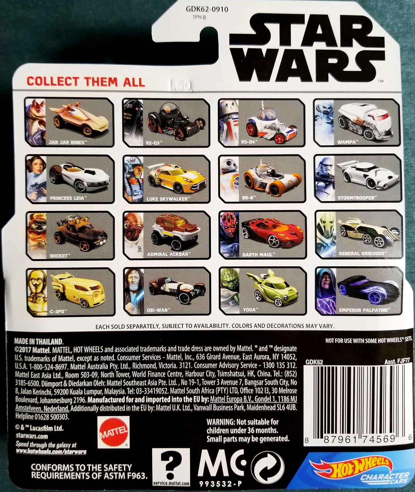 Hot Wheels Star Wars Character Darth Vader White Card - Hot Wheels from Mattel (Star Wars Hot Wheels Cars) action figure collectible [Barcode 0887961745696] - Main Image 2