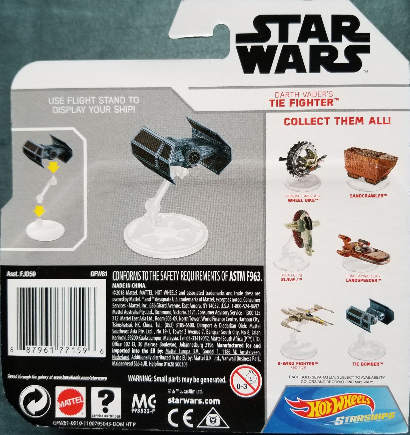 Hot Wheels Star Wars Vehicle Darth Vader’s Tie Fighter White Card - Hot Wheels from Mattel (Star Wars Hot Wheels) action figure collectible [Barcode 87967715] - Main Image 2