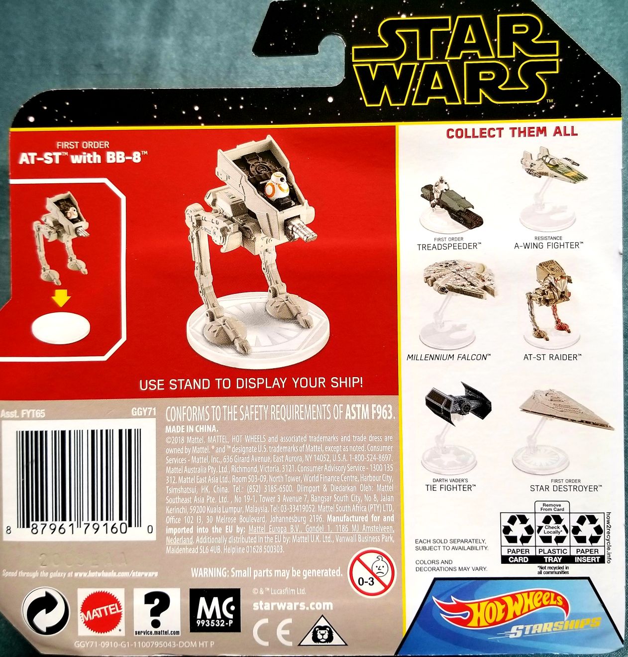 Hot Wheels Star Wars Vehicle First Order AT-ST WITH BB-8 ROTS - Hot Wheels from Mattel (Star Wars Hot Wheels) action figure collectible [Barcode 87967791] - Main Image 2