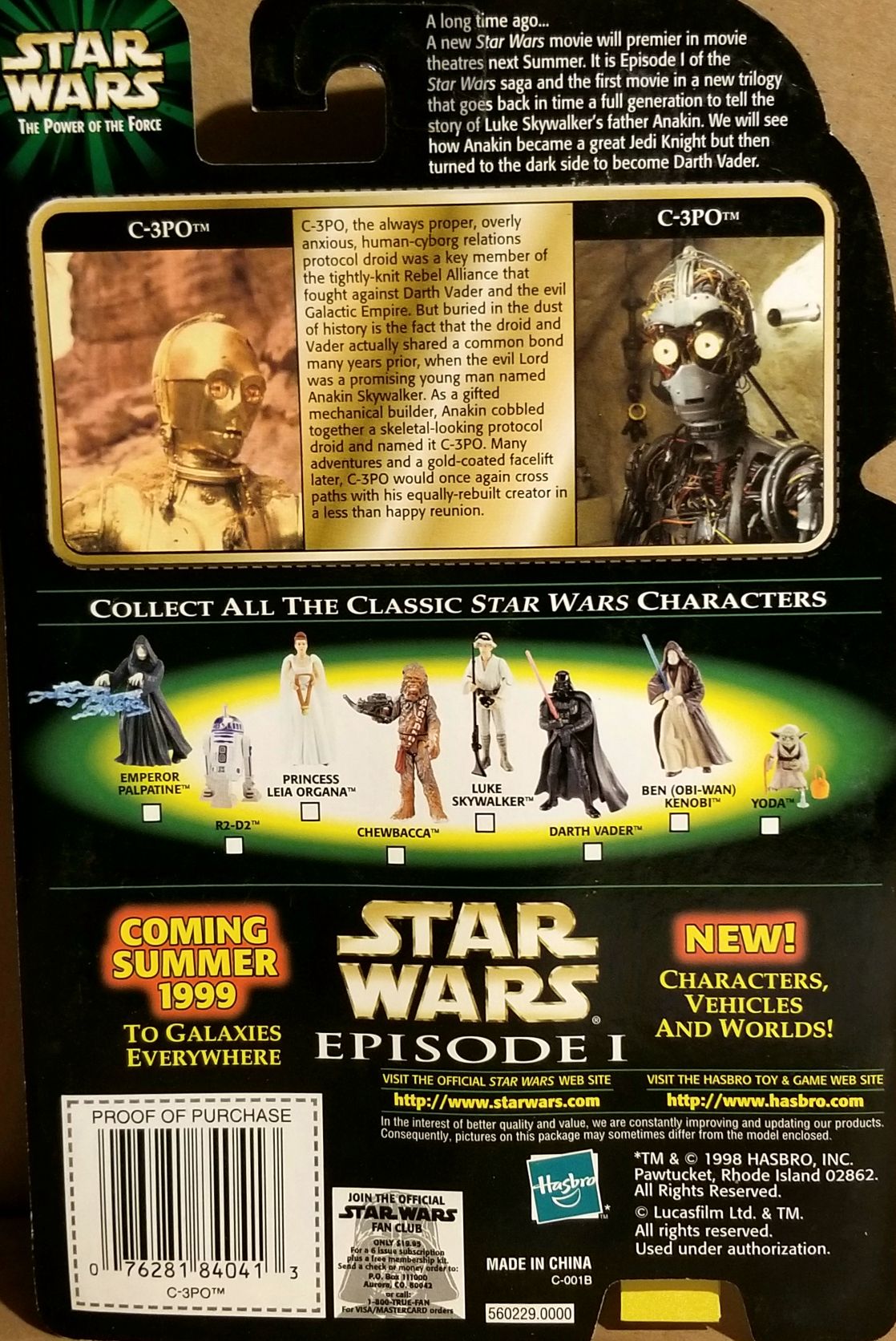 Power Of The Force 2 Green figure 3.75 - C-3PO (with removable arm) ANH FlashbackCard - Hasbro / Kenner (Star Wars Episode IV A New Hope) action figure collectible - Main Image 2