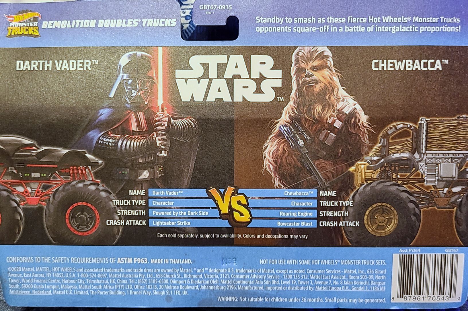 Hot Wheels Star Wars Character Darth Vader vs Chewbacca Monster Trucks 2 pack 2021 - Hot Wheels from Mattel (Star Wars Hot Wheels) action figure collectible [Barcode 0887961705430] - Main Image 2