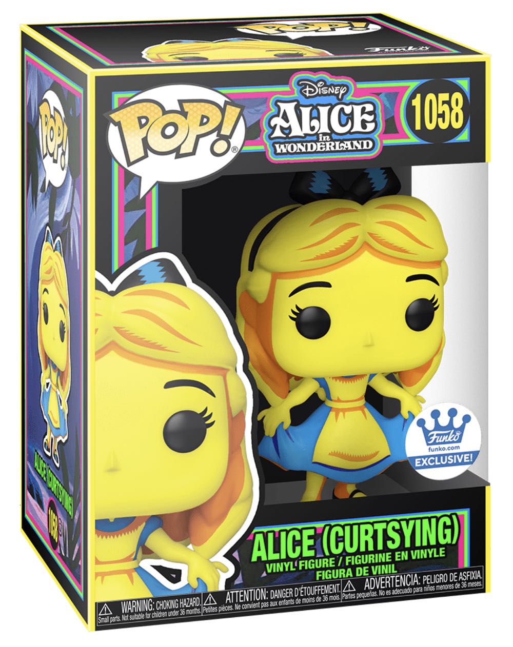 Alice Curtsying (Alice In Wonderland Black Light Glow) 1058 Funko.com Exclusive  action figure collectible [Barcode 889698560443] - Main Image 2
