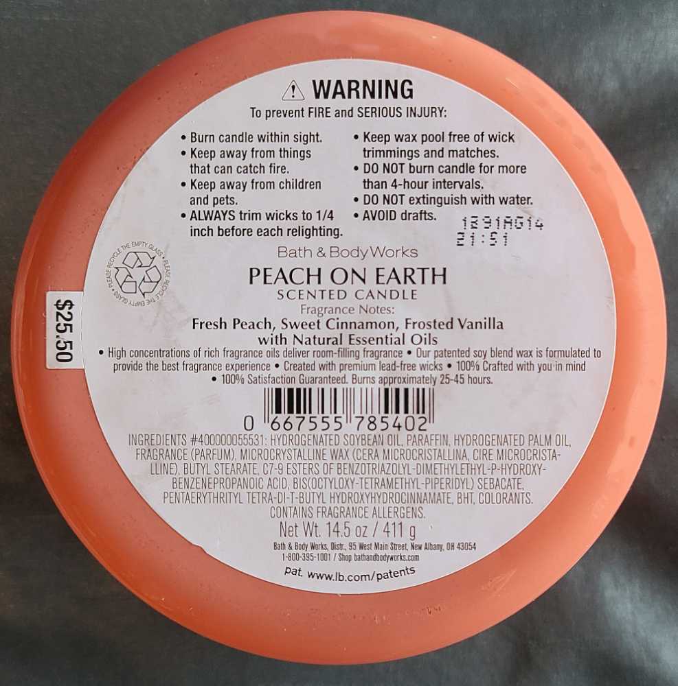 CANDLE: Christmas Bath & Bodyworks Peach On Earth - Give Comfort 2021 - Bath & Bodyworks Candle (Christmas Candle) action figure collectible [Barcode 667555785402] - Main Image 2