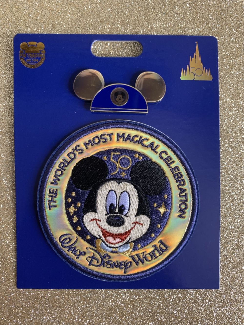Disney Wdw 50th Celebration Mickey Patch And Mickey Ear Hat Pin New With Card - Disney Theme Park Merchandise (Walt Disney World Resorts 50th Anniversary) action figure collectible [Barcode 400939713918] - Main Image 2