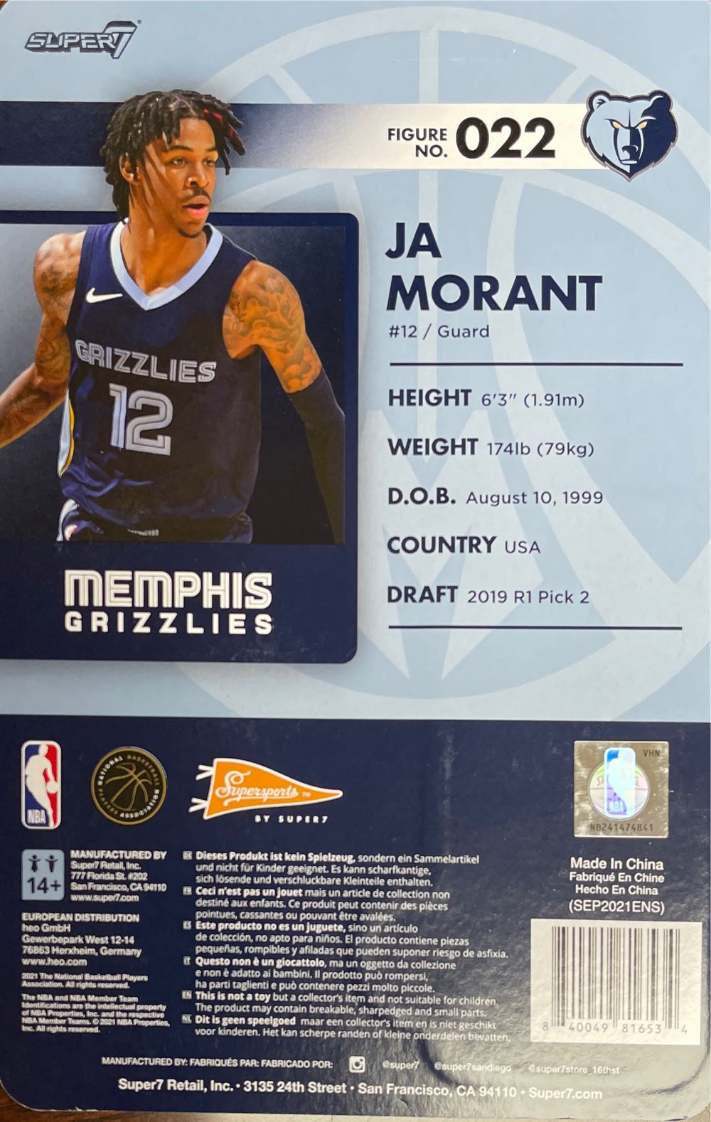 Ja Morant Grizzlies Reaction Super 7 - Super 7 action figure collectible [Barcode 840049816534] - Main Image 2
