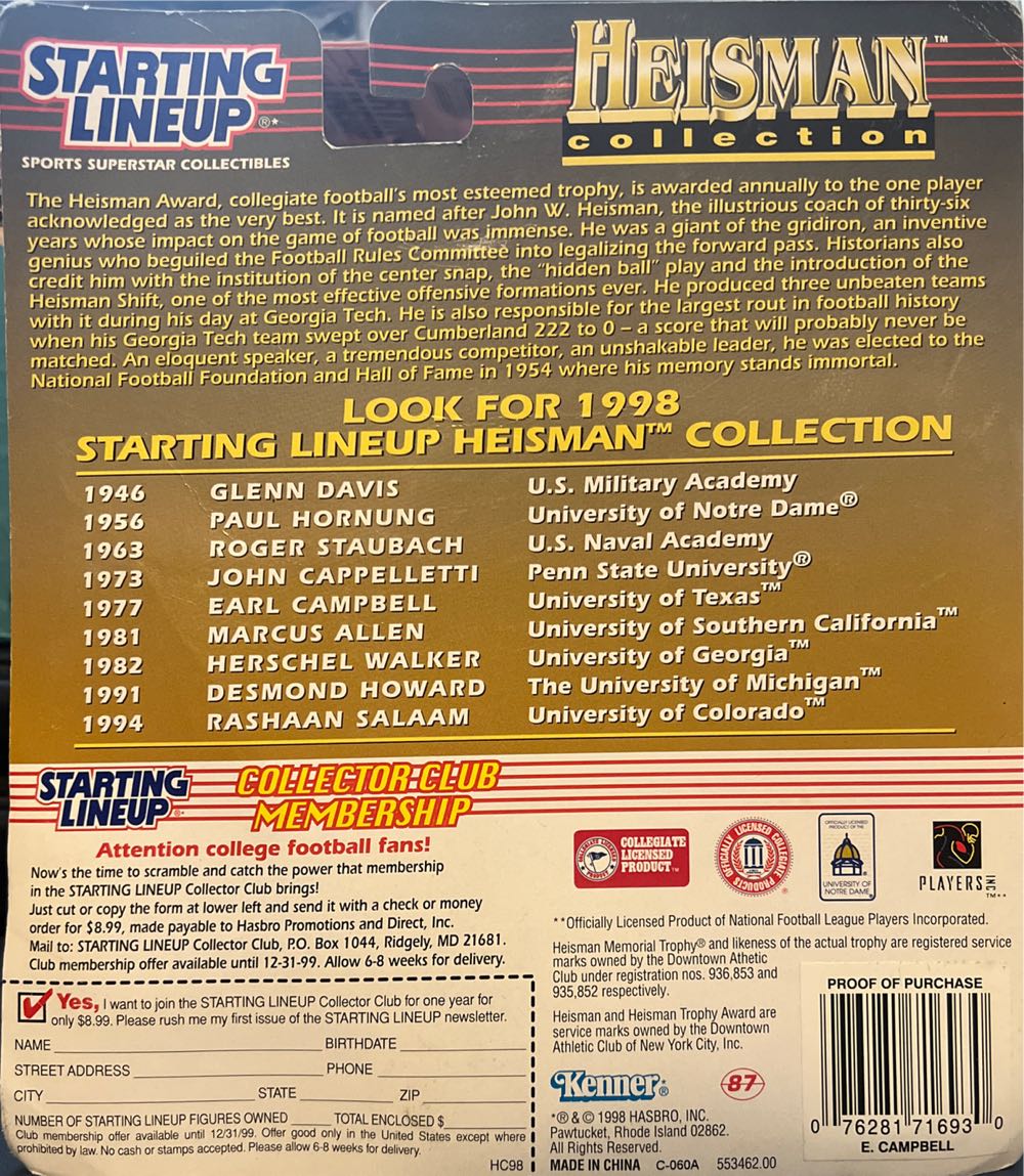 Starting Lineup Earl Campbell Texas Longhorns - Kenner (Heisman Collection) action figure collectible [Barcode 076281716930] - Main Image 2