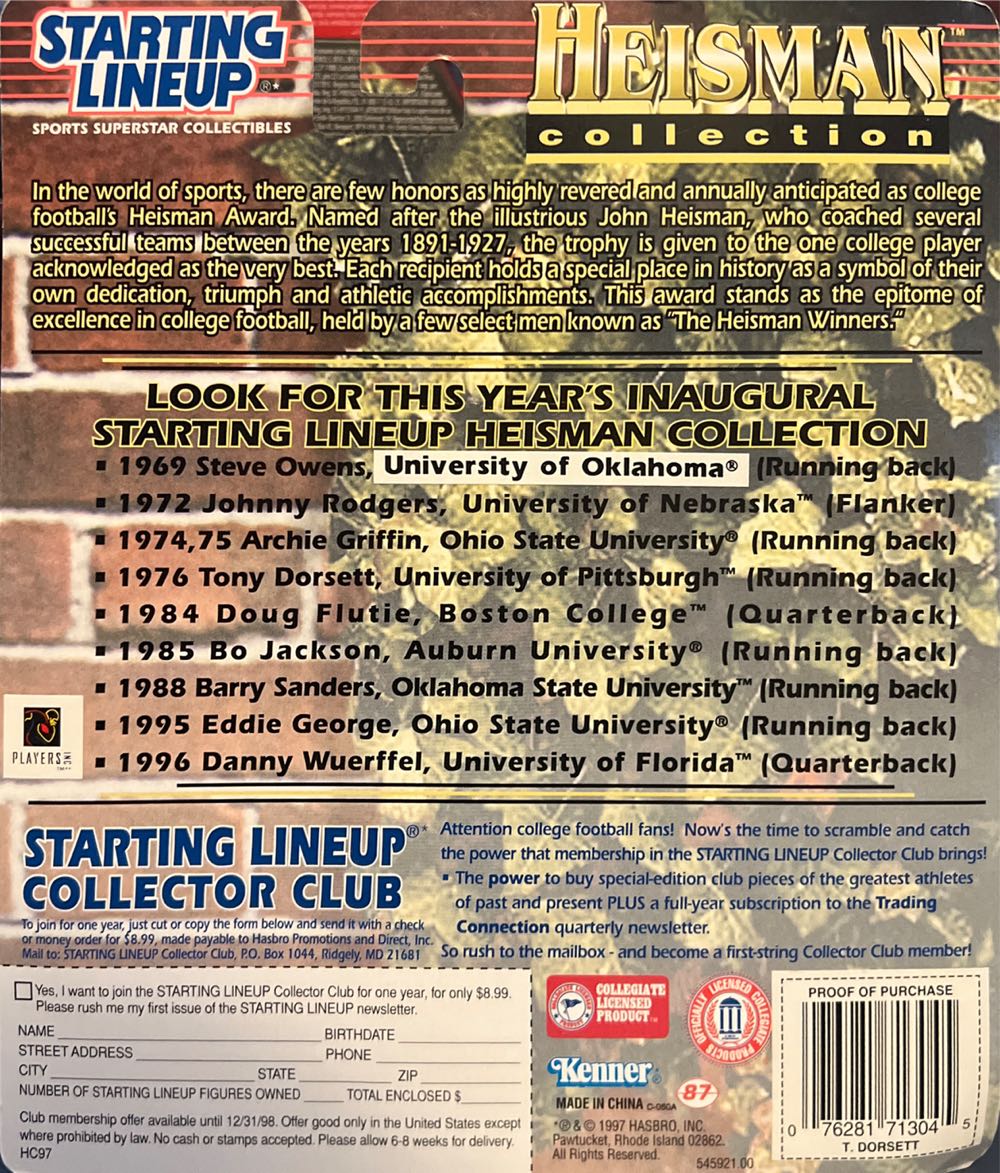 Starting Lineup Tony Dorsett Pitt - Kenner action figure collectible [Barcode 076281713045] - Main Image 2