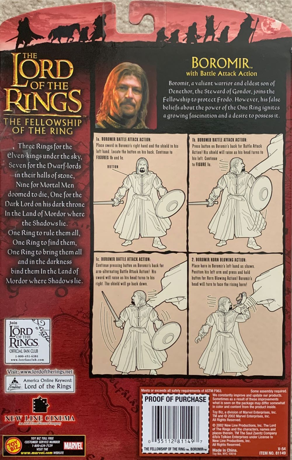 Boromir With Battle Attack Action - Toy Biz (The Lord Of The Rings: The Fellowship Of The Ring) action figure collectible [Barcode 035112811497] - Main Image 2