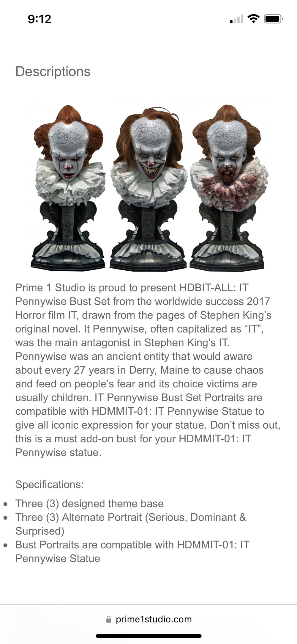 Bust: 1:2 Prime 1 Studio Serious Pennywise - Prime 1 Studio (It (2017)) action figure collectible [Barcode 4562471908583] - Main Image 2