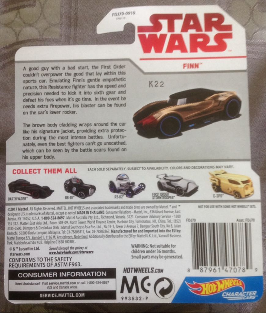 Star Wars: Hot Wheels: Memorabilia: Finn - Hot Wheels (Mattel) (Space/Sc-Fi) action figure collectible [Barcode 887961470789] - Main Image 2
