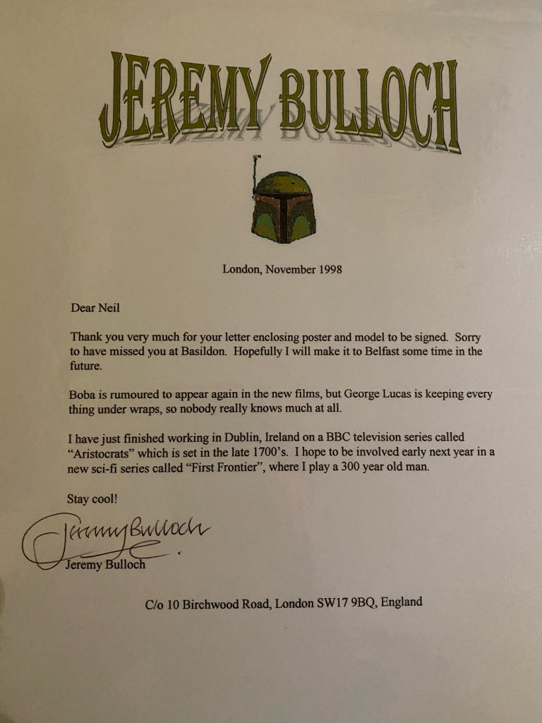 Hand Signed Boba Fett Jeremy Bulloch Letter  (Jerremy Bulloch Returned Letter) action figure collectible - Main Image 1