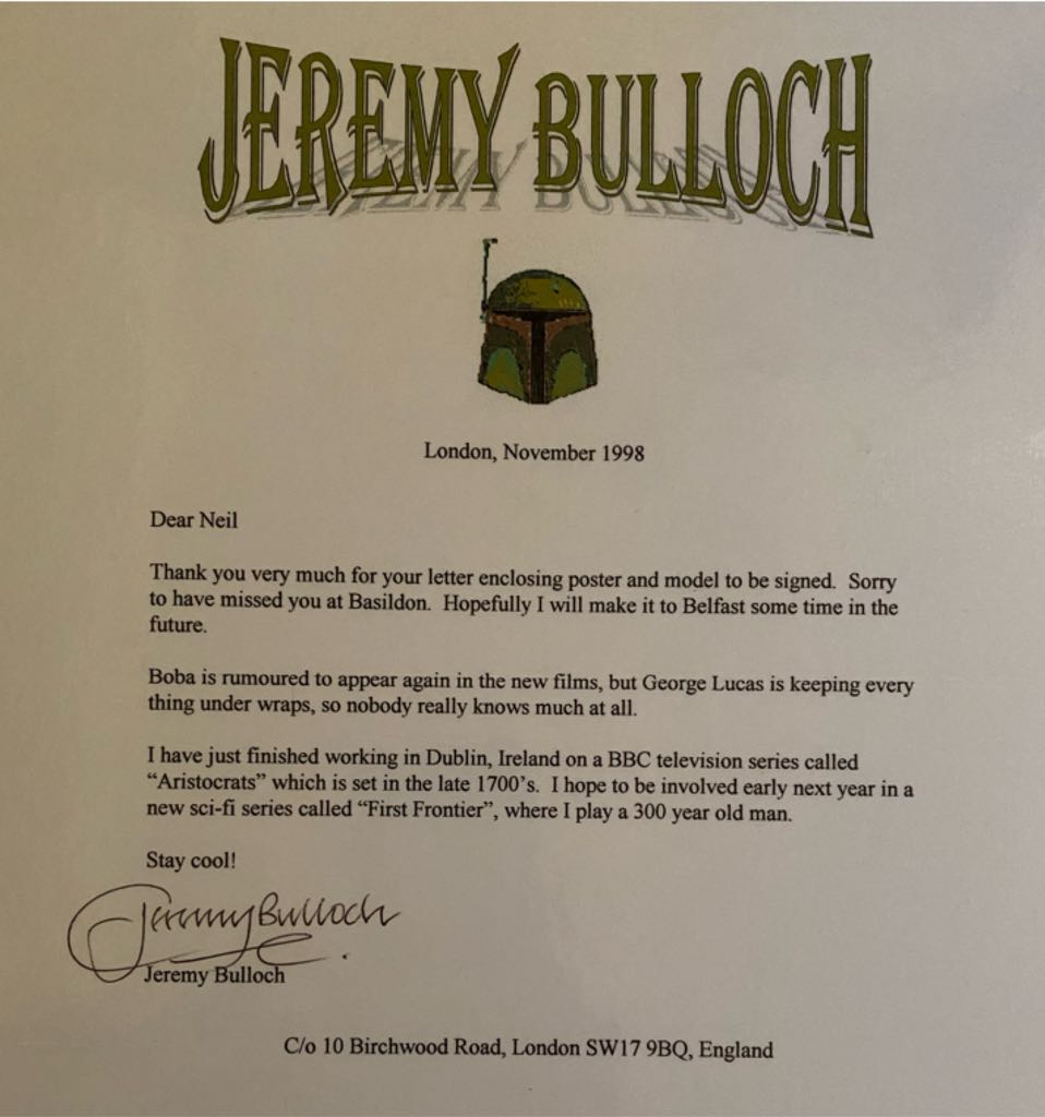 Hand Signed Boba Fett Jeremy Bulloch Letter  (Jerremy Bulloch Returned Letter) action figure collectible - Main Image 2
