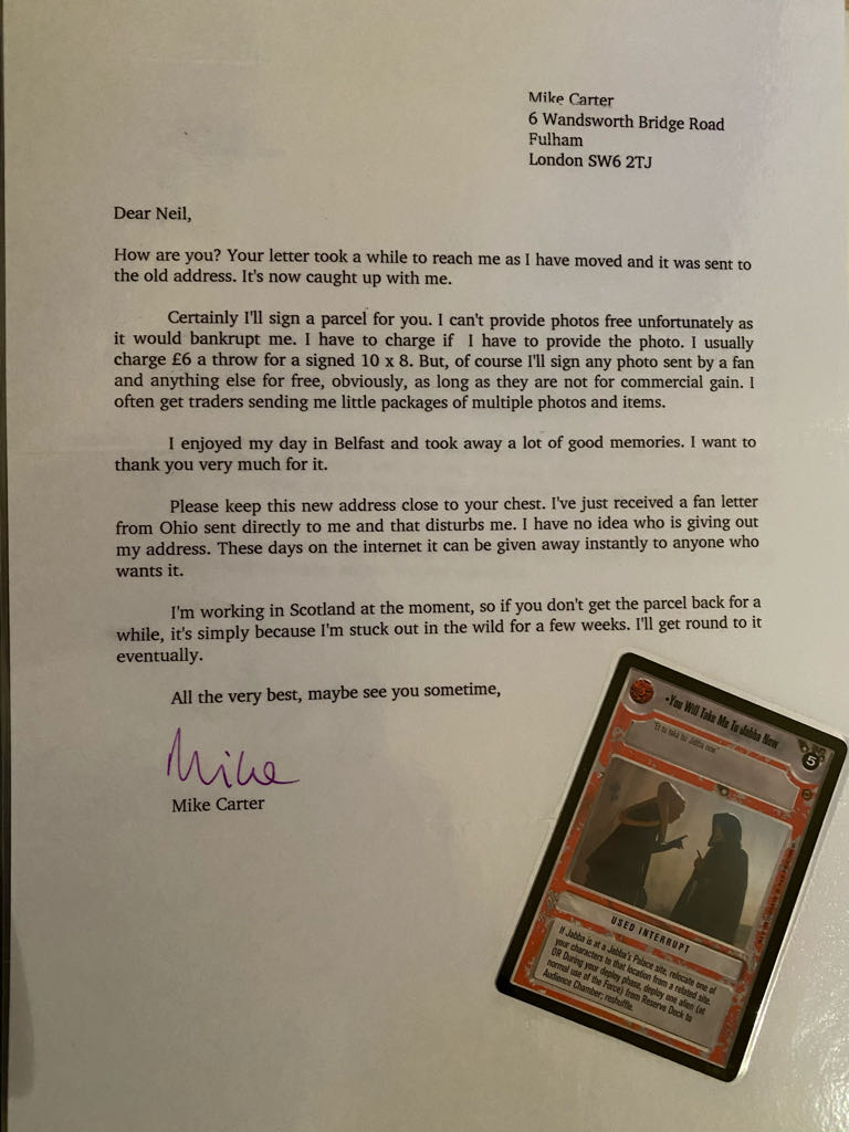 Hand Signed Michael Carter Return Letter  (Return Letter From Michael Carter Bib Fortuna) action figure collectible - Main Image 2