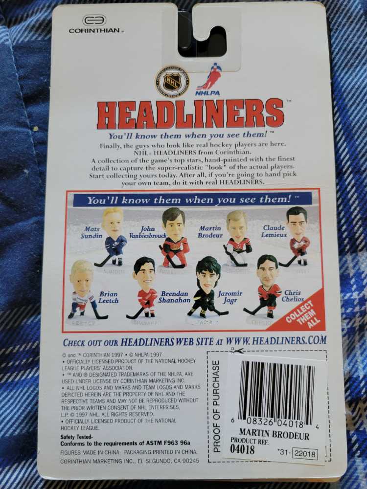 Martin Brodeur - Corinthian (NHLPA Headliners) action figure collectible [Barcode 608326040184] - Main Image 2