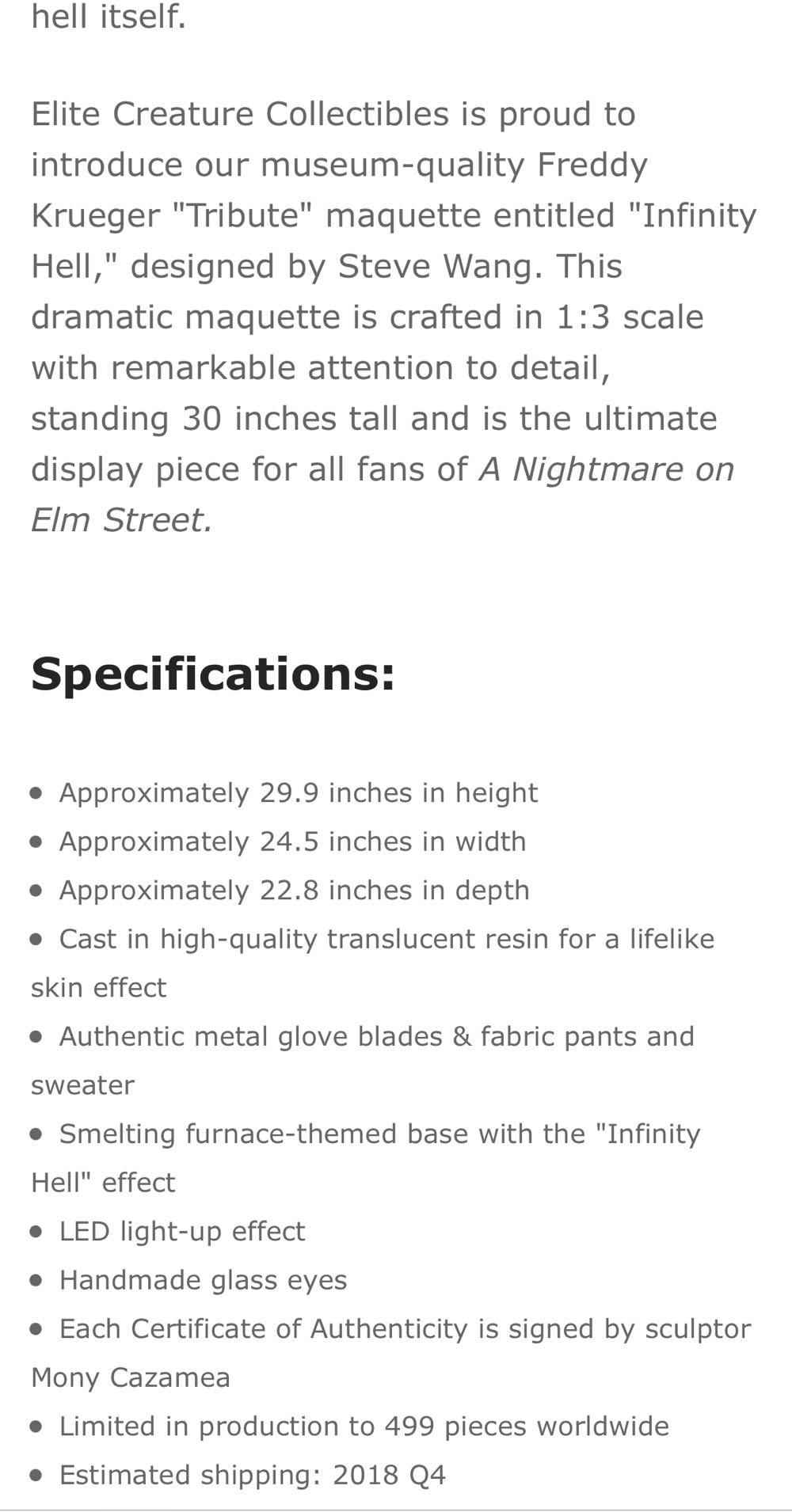 1:3 ECC: A Nighhmare On Elm Street Freddy Krueger Infinity Hell - Elite Creature Collectables (A Nightmare On Elm Street) action figure collectible - Main Image 4