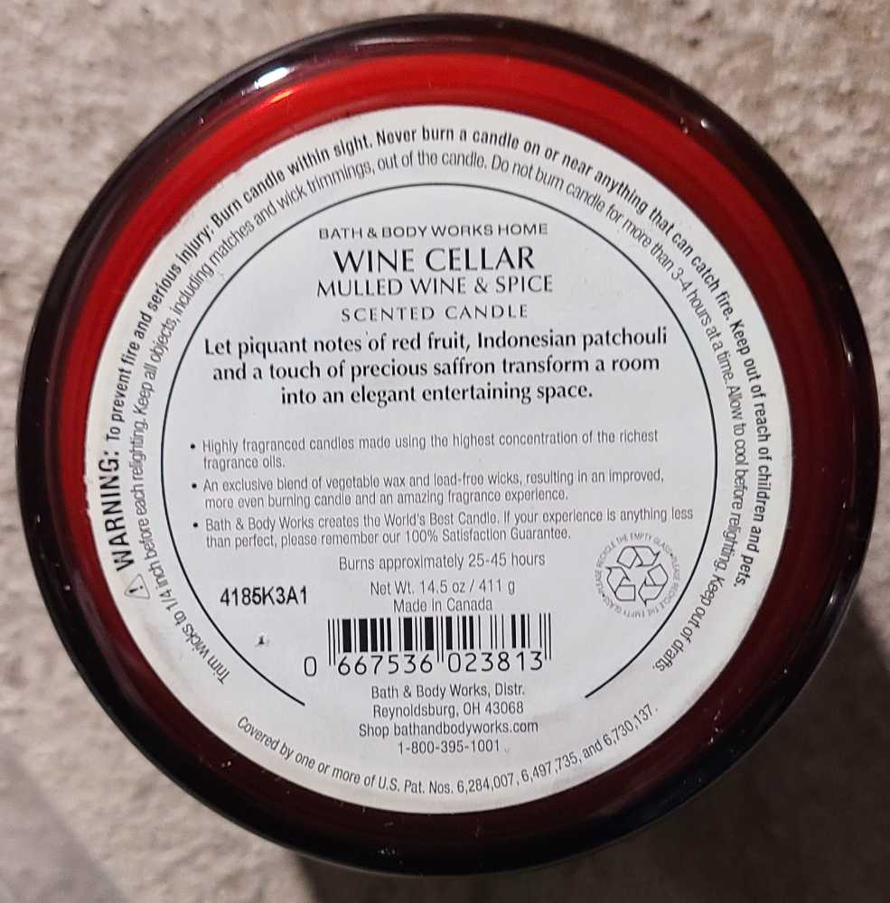 CANDLE: Wine Bath and Body Works Wine Cellar Mulled Wine & Spice 2014 - Bath & Bodyworks Candle (Wine & Sangria Candles) action figure collectible [Barcode 667536023813] - Main Image 2