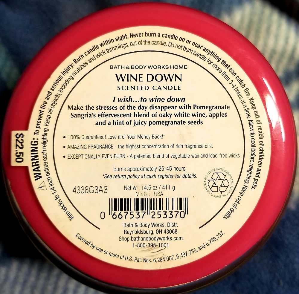 CANDLE: Wine Bath and Body Works Wine Down Pomegranate Sangria  2014 - Bath & Bodyworks Candle (Wine & Sangria Candles) action figure collectible [Barcode 667537253370] - Main Image 2