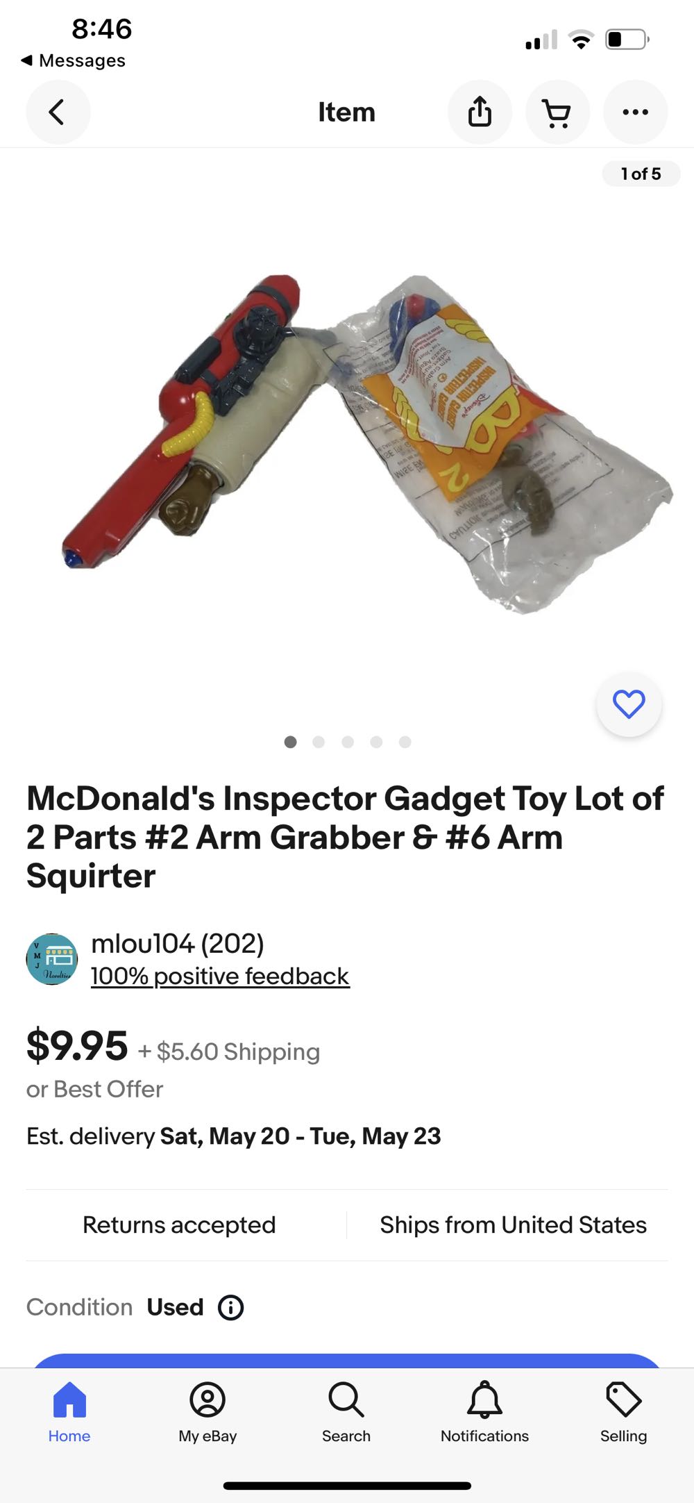 McDonald’s Inspector Gadget Toy Lot of 2 Parts #2 Arm Grabber & #6 Arm Squirter - McDonalds (Disney) action figure collectible - Main Image 2