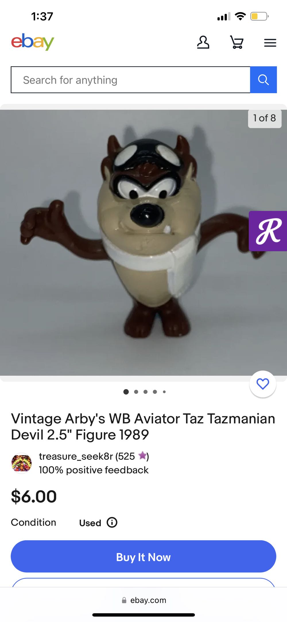 Arby’s 1989 toy taz the tazmanian devil looney toons toy 2.5”  (Looney Toons) action figure collectible - Main Image 3