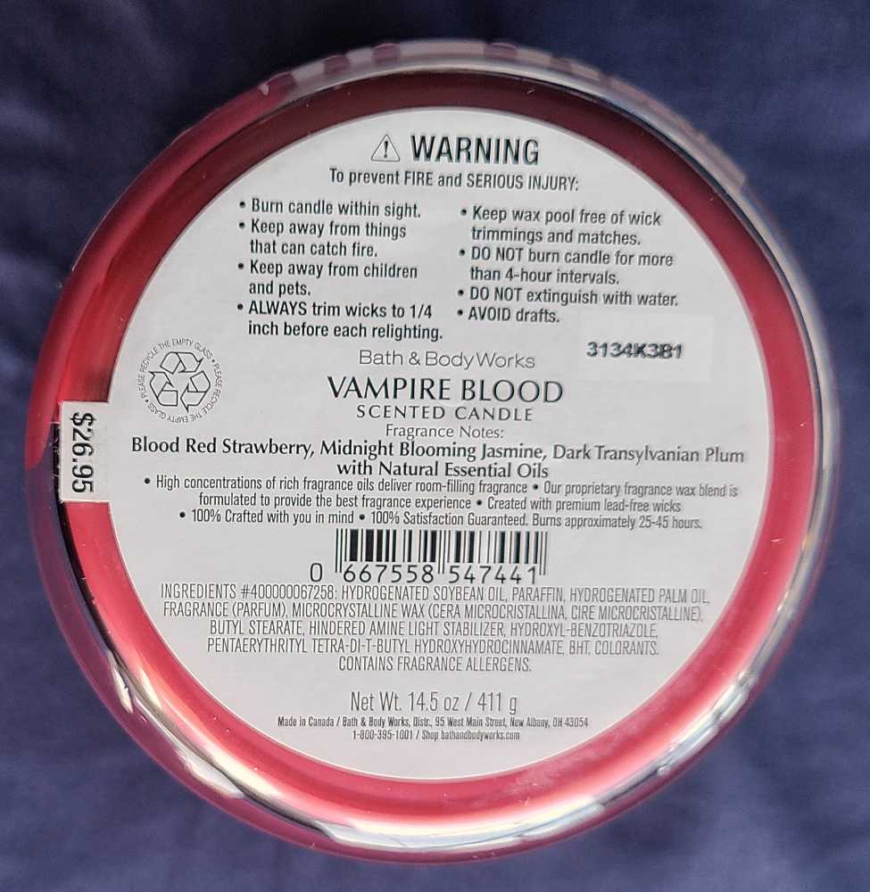 CANDLE: Halloween Bath & Bodyworks Vampire Blood 2023 - Bath & Bodyworks Candle (Halloween Candles) action figure collectible [Barcode 667558547441] - Main Image 2