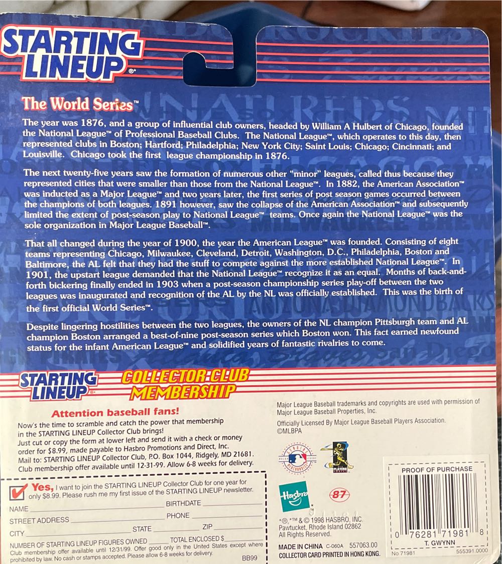 Tony Gwynn San Starting Lineup  action figure collectible [Barcode 076281719818] - Main Image 2