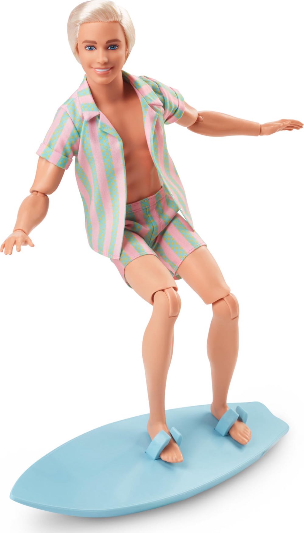 Barbie The Movie: Ken Wearing Pastel Pink And Green Striped Beach Matching Set With Surfboard And White Sneakers - Mattel (Barbie The Movie) action figure collectible [Barcode 194735160747] - Main Image 2