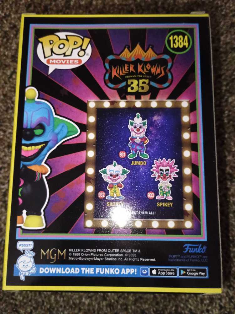 Killer Klowns 1384 Slim In Blacklight Killer Klowns From Outer Space 35th Anniversary Pop! Movies Gamestop Exclusive Vinyl Figure - Funko (Killer Klowns from Outer Space) action figure collectible [Barcode 889698735483] - Main Image 2