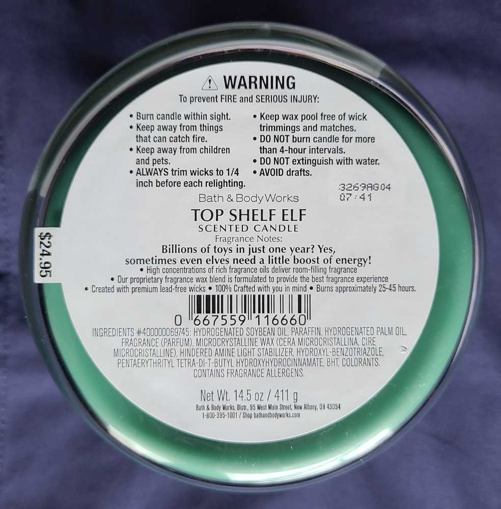 CANDLE: Christmas Bath & Bodyworks Top Shelf Elf 2023 - Bath & Bodyworks Candle (Christmas Candles) action figure collectible [Barcode 667559116660] - Main Image 2