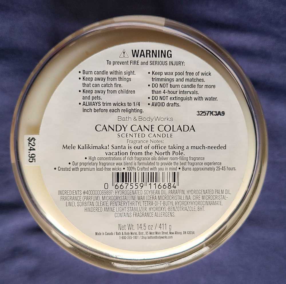 CANDLE: Christmas Bath & Bodyworks Candy Cane Colada 2023 - Bath & Bodyworks Candle (Christmas Candles) action figure collectible [Barcode 667559116684] - Main Image 2