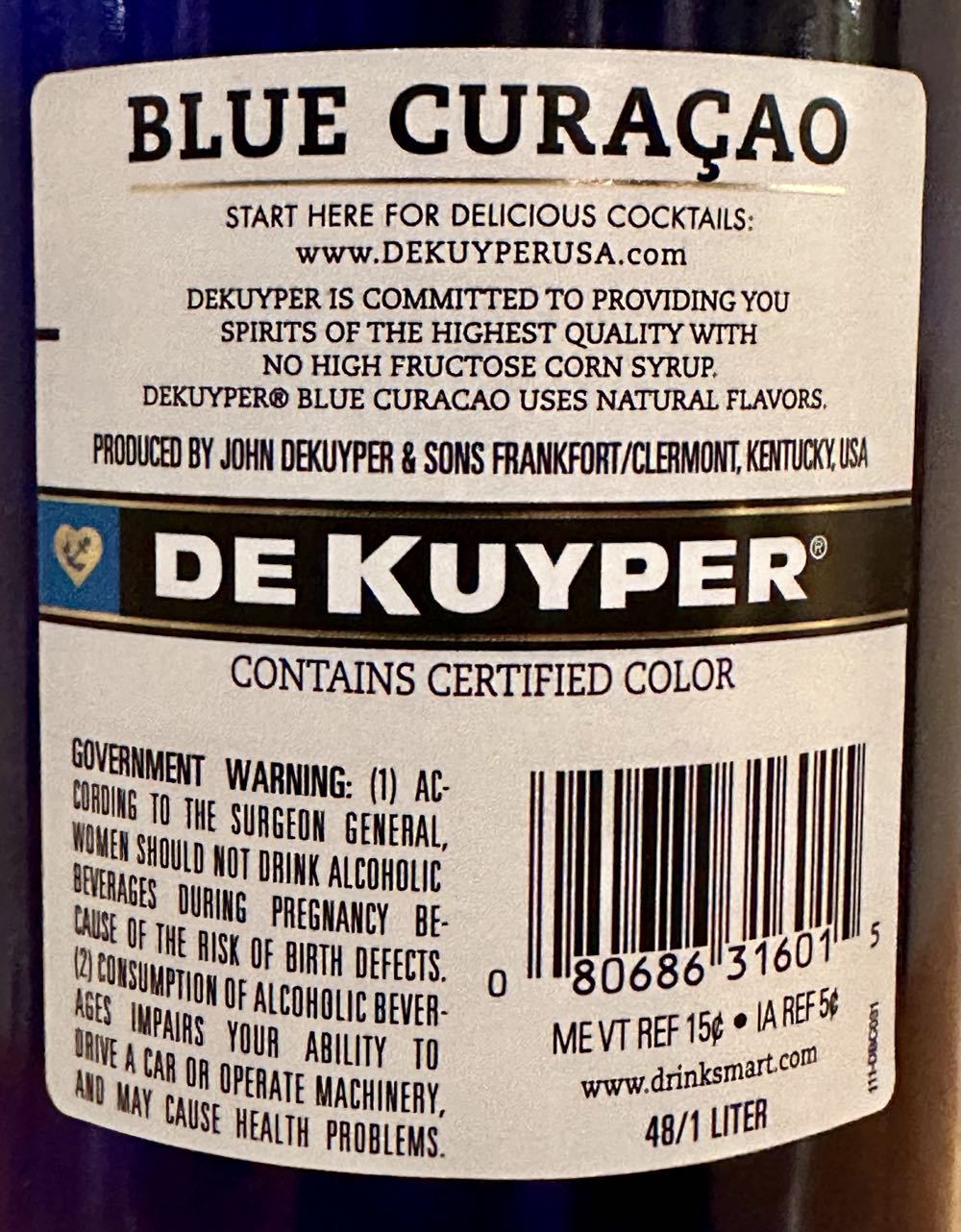 Dekuyper Blue Curaçao Liqueur - John DeKuyper & Sons, Clermont, KY (1 L) alcohol collectible [Barcode 080686316015] - Main Image 2