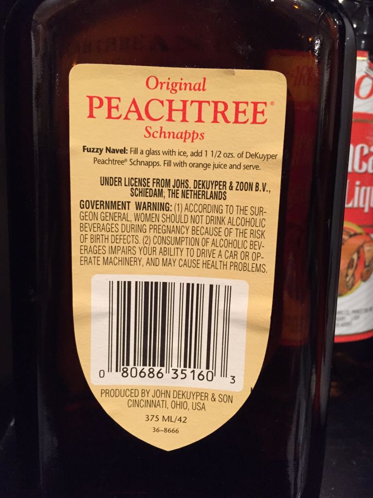 Peach tree Schnapps - Dekuyper (375 mL) alcohol collectible [Barcode 080686351603] - Main Image 2