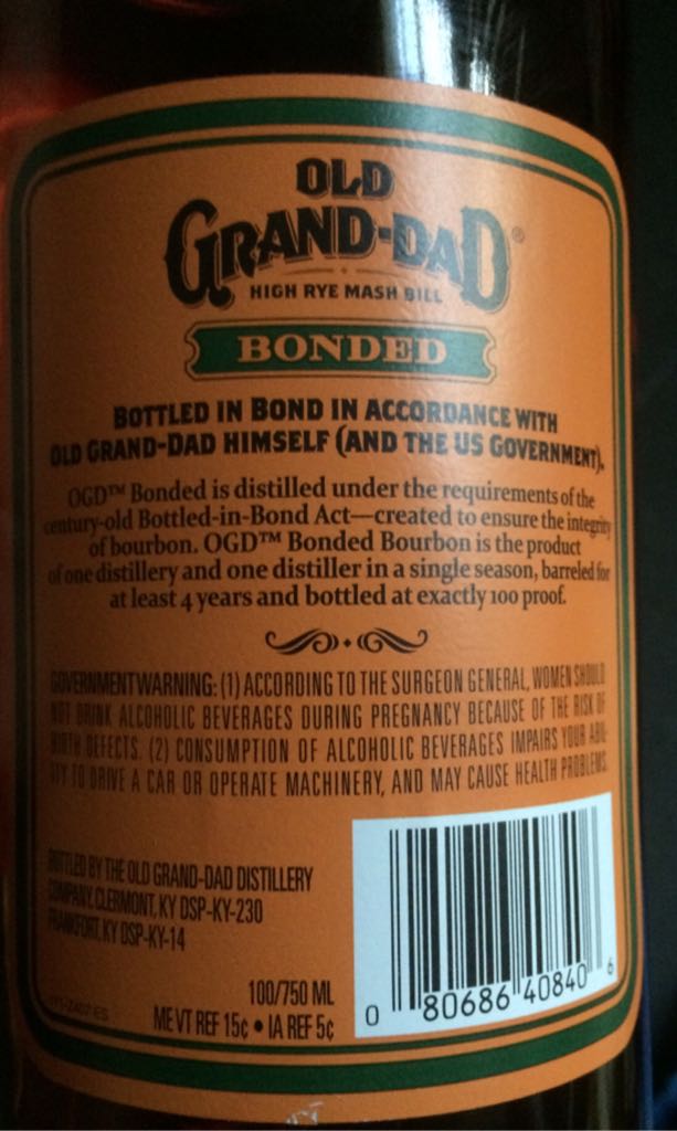Old Grand Dad Bonded Kentucky Straight Bourbon Whiskey - The Old Grand-Dad Distillery (750 mL) alcohol collectible [Barcode 080686408406] - Main Image 2