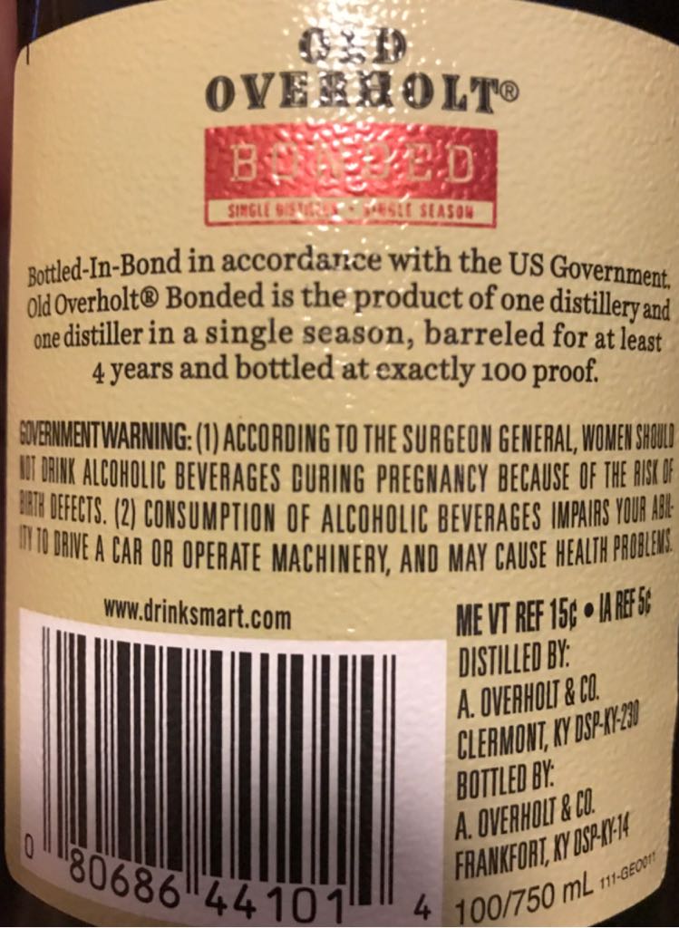 Old Overholt Bottled-in-Bomd - A. Overholt & Co. (750mL) alcohol collectible [Barcode 080686441014] - Main Image 2