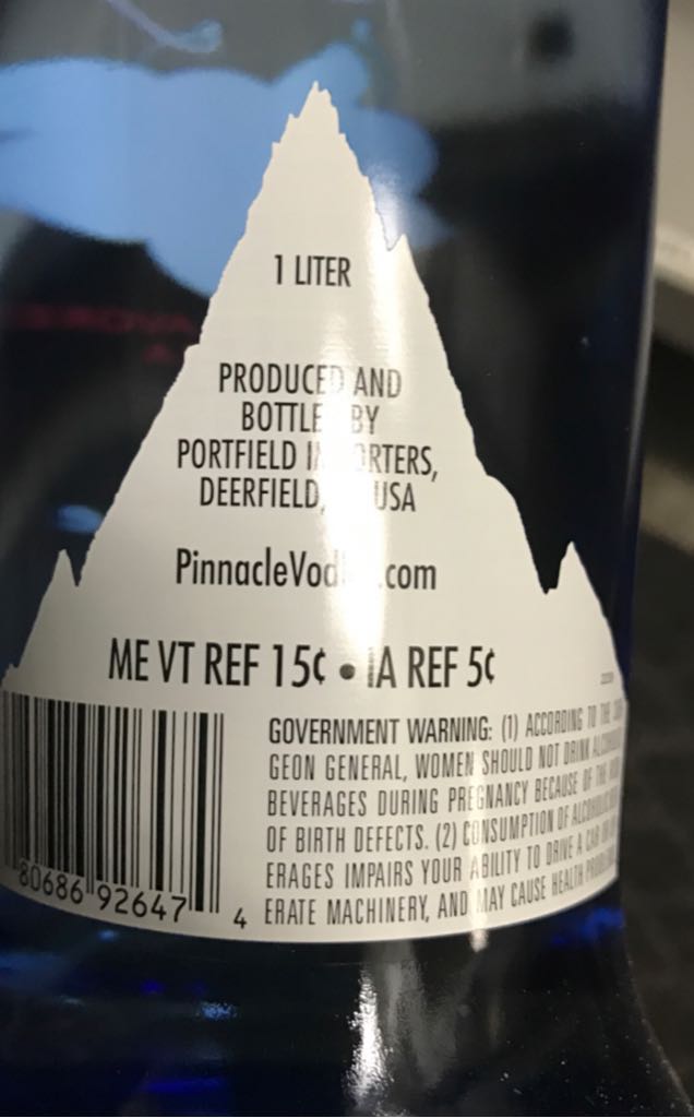 Pinnacle Vodka - PortField Importers (1L) alcohol collectible [Barcode 080686926474] - Main Image 2