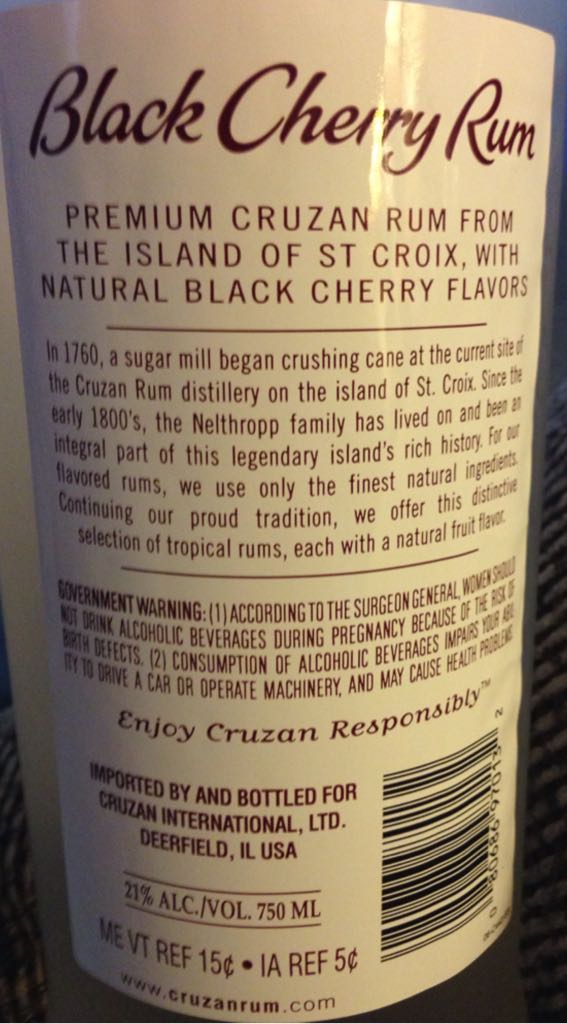 Cruzan Black Cherry Rum - Cruzan International Ltd. (750 mL) alcohol collectible [Barcode 080686970132] - Main Image 2