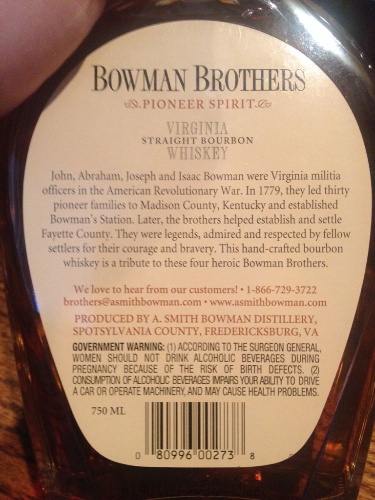 Bowman Brothers Small Batch - A. Smith Bowman Distillery (750 mL) alcohol collectible [Barcode 080996002738] - Main Image 2