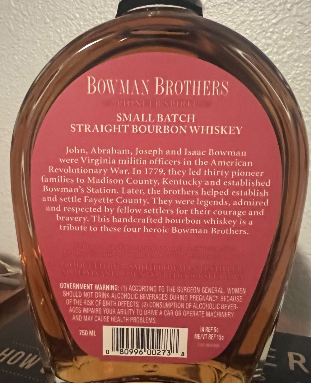 Bowman Brothers Small Batch - A. Smith Bowman Distillery (750 mL) alcohol collectible [Barcode 080996002738] - Main Image 3