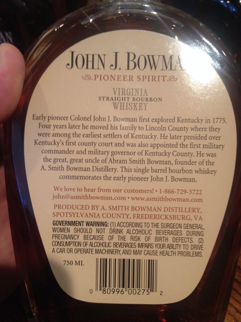 John J. Bowman Single Barrel - A. Smith Bowman Distillery (750 mL) alcohol collectible [Barcode 080996002752] - Main Image 2
