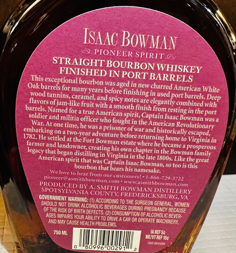 Isaac Bowman Port Barrel Finished - A. Smith Bowman Distillery (750mL) alcohol collectible [Barcode 080996002912] - Main Image 4